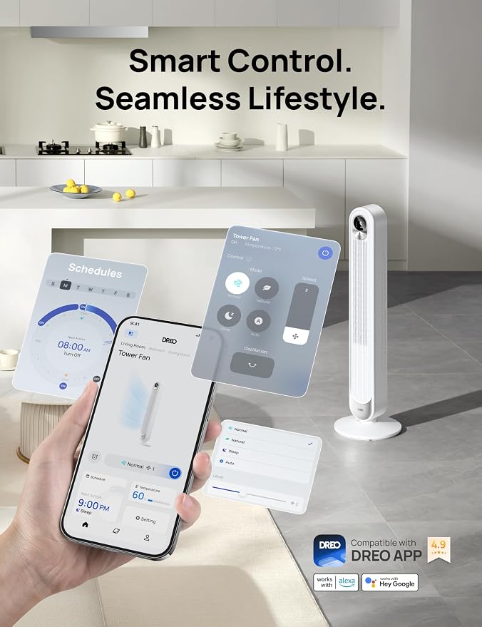 Smart Tower Fan for Bedroom, Floor Standing Bladeless Oscillating Fan with Remote, 9 Speeds, 4 Modes, 12H Timer, for Indoor