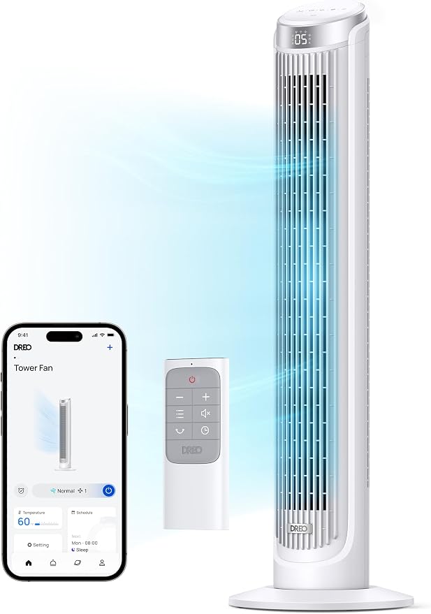 Smart Tower Fan for Bedroom, Standing Fans for Indoors, 90° Oscillating, 26ft/s Velocity Quiet Floor Fan with Remote, 12H