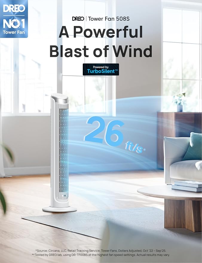 Smart Tower Fan for Bedroom, Standing Fans for Indoors, 90° Oscillating, 26ft/s Velocity Quiet Floor Fan with Remote, 12H