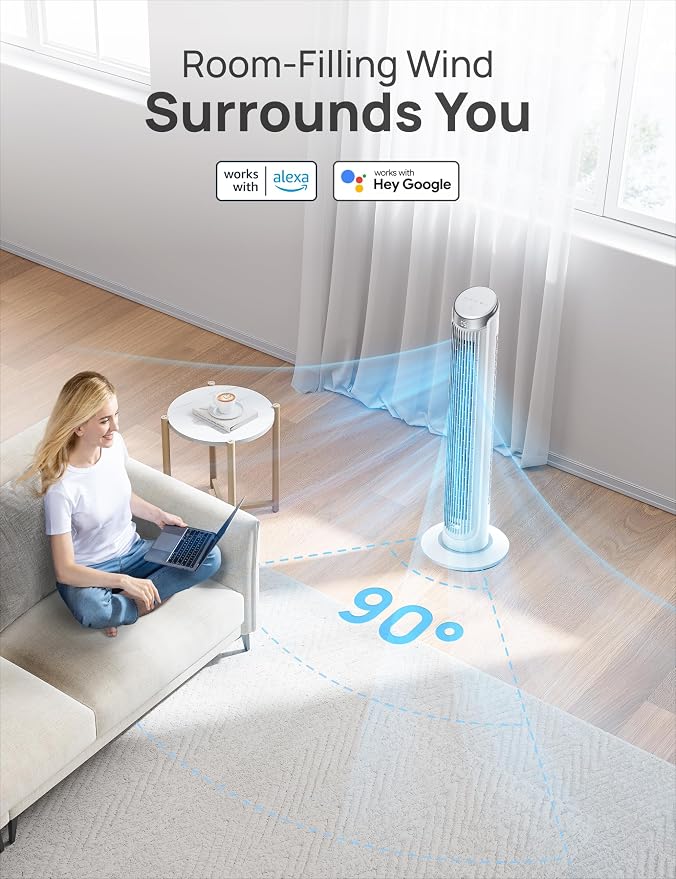 Smart Tower Fan for Bedroom, Standing Fans for Indoors, 90° Oscillating, 26ft/s Velocity Quiet Floor Fan with Remote, 12H
