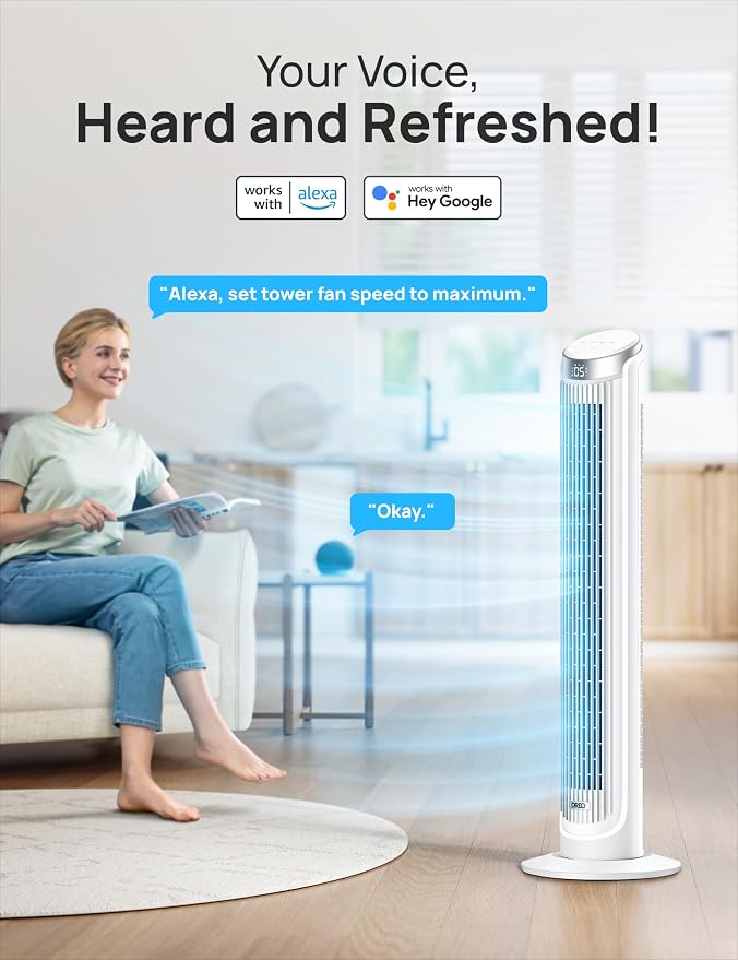 Smart Tower Fan for Bedroom, Standing Fans for Indoors, 90° Oscillating, 26ft/s Velocity Quiet Floor Fan with Remote, 12H