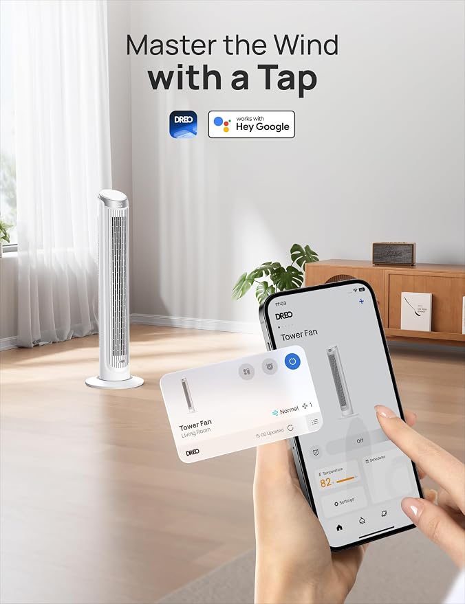 Smart Tower Fan for Bedroom, Standing Fans for Indoors, 90° Oscillating, 26ft/s Velocity Quiet Floor Fan with Remote, 12H