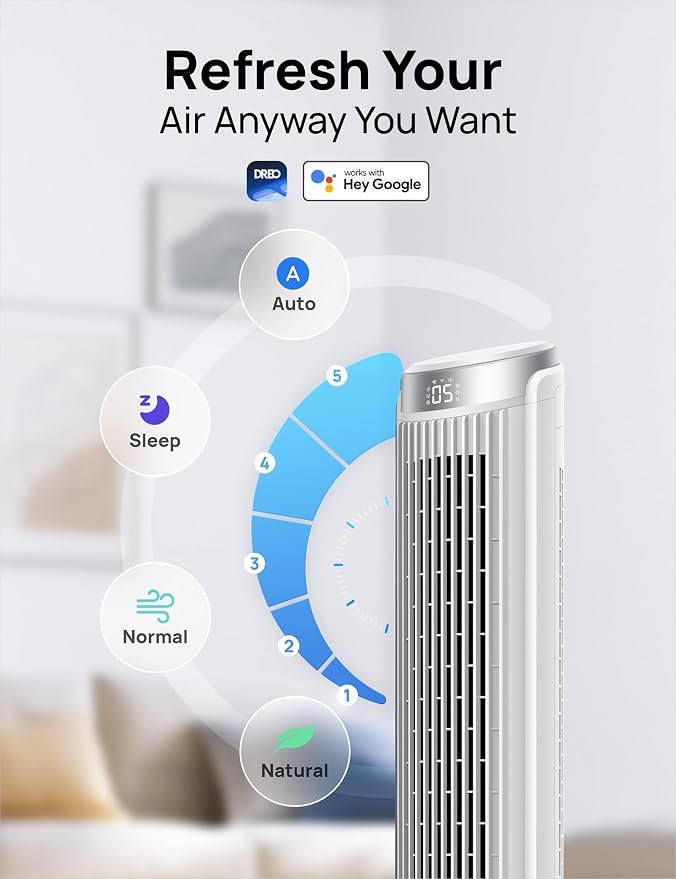Smart Tower Fan for Bedroom, Standing Fans for Indoors, 90° Oscillating, 26ft/s Velocity Quiet Floor Fan with Remote, 12H