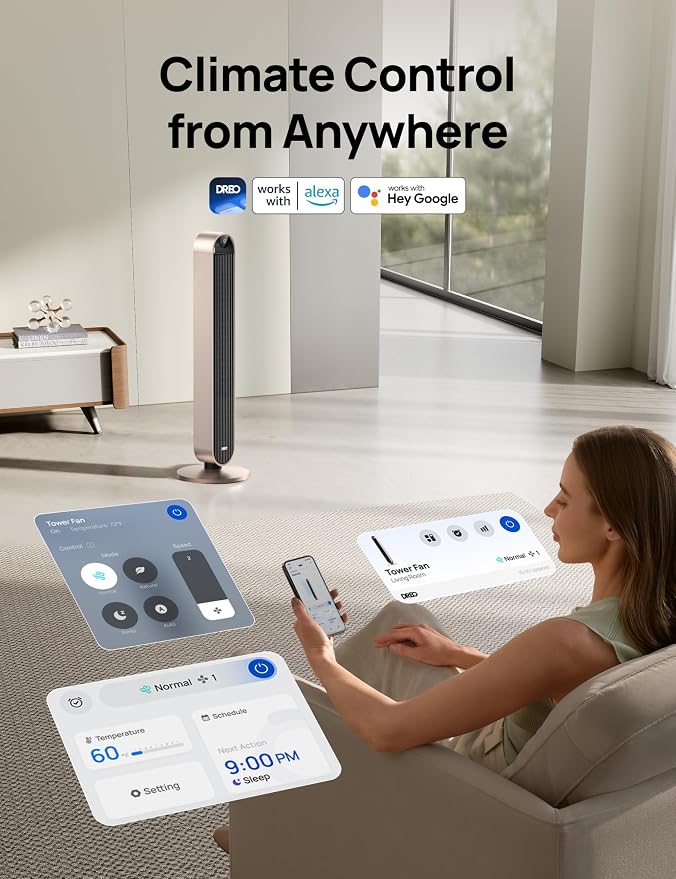 Smart Tower Fan Voice Control, 120° Oscillating Fan Works with Alexa/Google/App/Remote, 42 Inch, 20dB Quiet DC Bladeless Fan