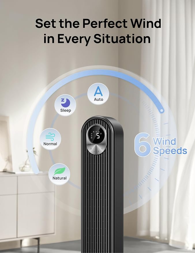 Smart Tower Fan WiFi Voice Control, Works with Alexa/Google,Floor Standing Bladeless Oscillating Fan with Remote, 6 Speeds, 4