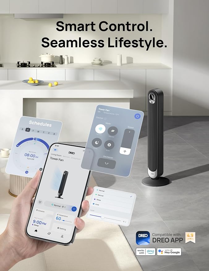 Smart Tower Fan WiFi Voice Control, Works with Alexa/Google,Floor Standing Bladeless Oscillating Fan with Remote, 6 Speeds, 4