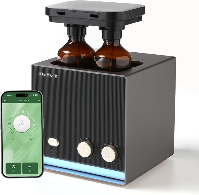 Smart Waterless Essential Oil Diffuser with Dual Nozzle, Cold Air Tech Scent Air Machine with 8 Timer Settings, 9 Mist