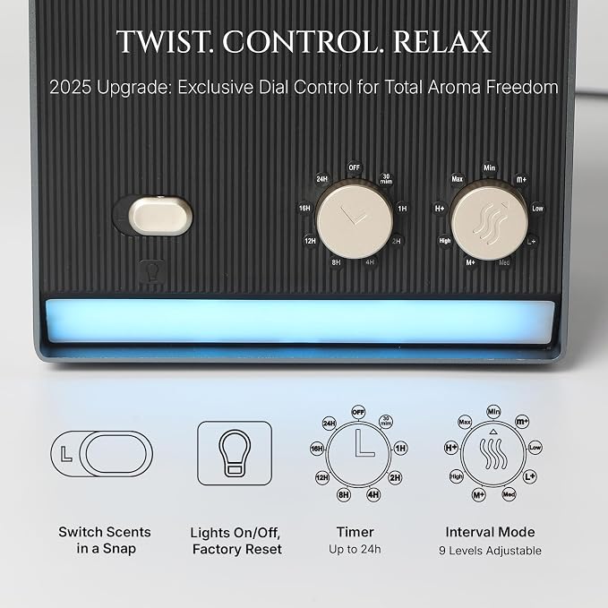 Smart Waterless Essential Oil Diffuser with Dual Nozzle, Cold Air Tech Scent Air Machine with 8 Timer Settings, 9 Mist