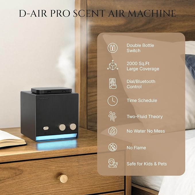 Smart Waterless Essential Oil Diffuser with Dual Nozzle, Cold Air Tech Scent Air Machine with 8 Timer Settings, 9 Mist