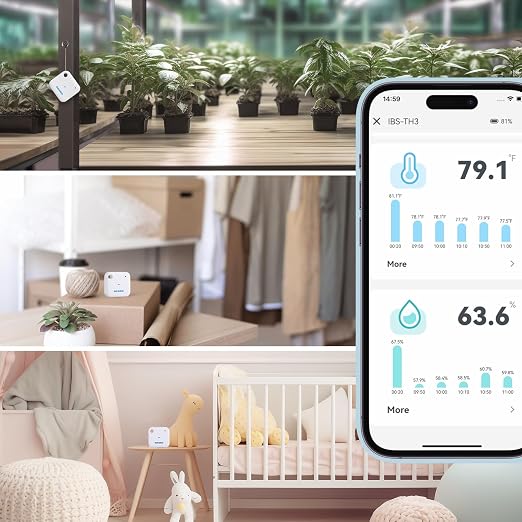 Smart Wi-Fi Temperature and Humidity Sensor, Indoor White Hygrometer Thermometer Monitor with Alarms, Historical Graphs, 1