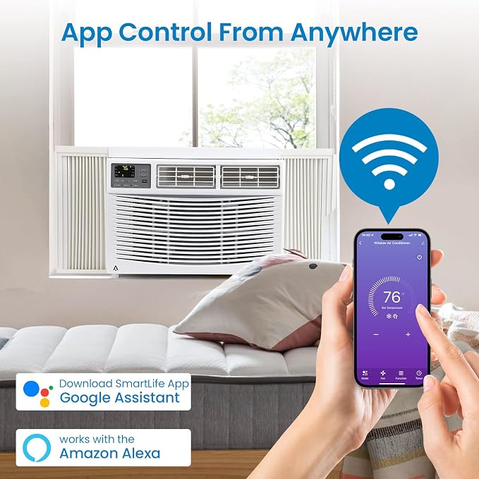 Smart Window Air Conditioner 8,000 BTU – 3 Fan Speeds – Dehumidifier – Quiet Operation – WiFi & Remote Control – Auto-Restart