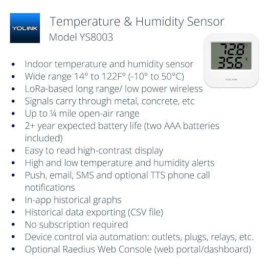 Smart Wireless Temperature & Humidity Sensor, Wide Temp Range for Fridge, Green House, Pet Cage, App Alerts, Emails