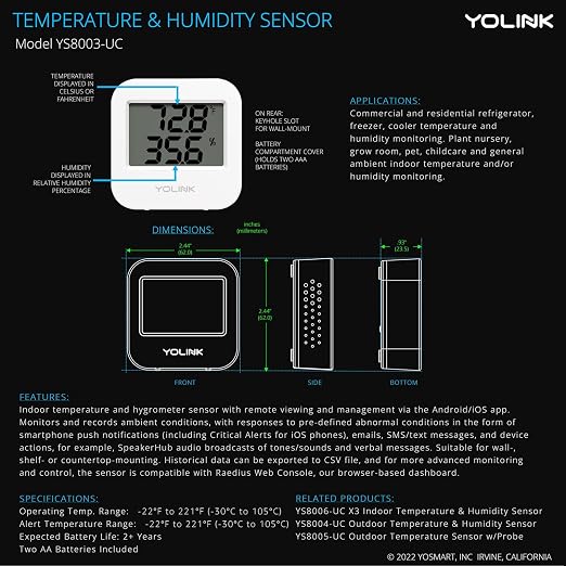 Smart Wireless Temperature & Humidity Sensor, Wide Temp Range for Fridge, Green House, Pet Cage, App Alerts, Emails