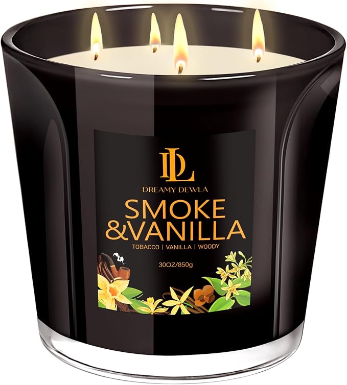 Smoke & Vanilla Scented Candle, Large 30oz Natural Soy Candles, 4-Wick 80 Hour Burn Time, Masculine Candle - Home Fragrance