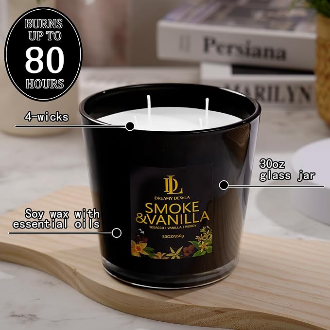 Smoke & Vanilla Scented Candle, Large 30oz Natural Soy Candles, 4-Wick 80 Hour Burn Time, Masculine Candle - Home Fragrance