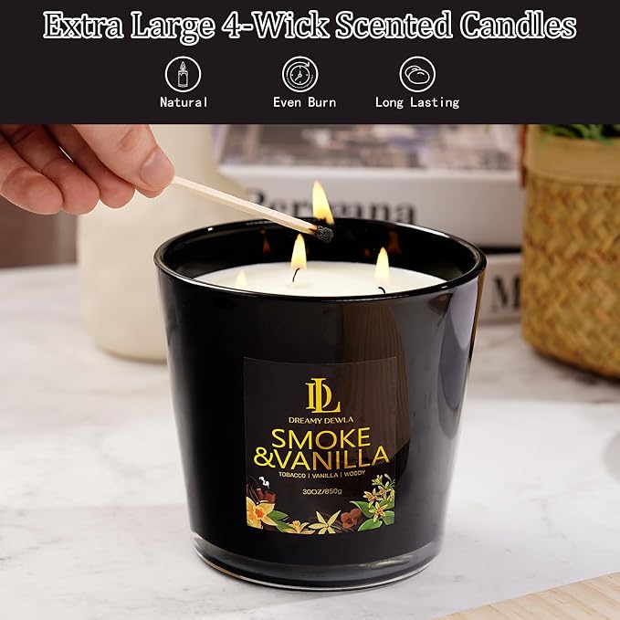 Smoke & Vanilla Scented Candle, Large 30oz Natural Soy Candles, 4-Wick 80 Hour Burn Time, Masculine Candle - Home Fragrance