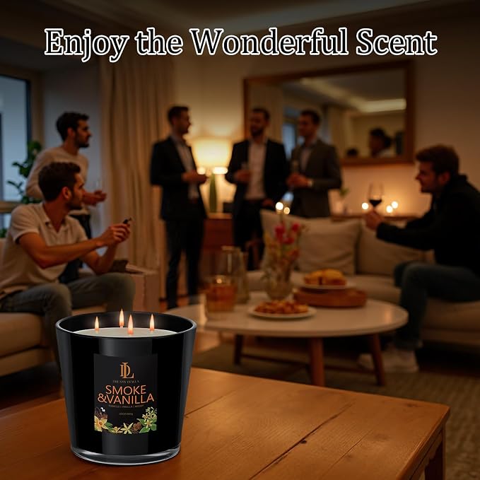 Smoke & Vanilla Scented Candle, Large 30oz Natural Soy Candles, 4-Wick 80 Hour Burn Time, Masculine Candle - Home Fragrance