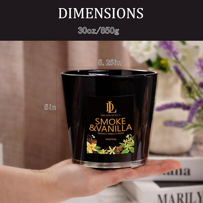Smoke & Vanilla Scented Candle, Large 30oz Natural Soy Candles, 4-Wick 80 Hour Burn Time, Masculine Candle - Home Fragrance