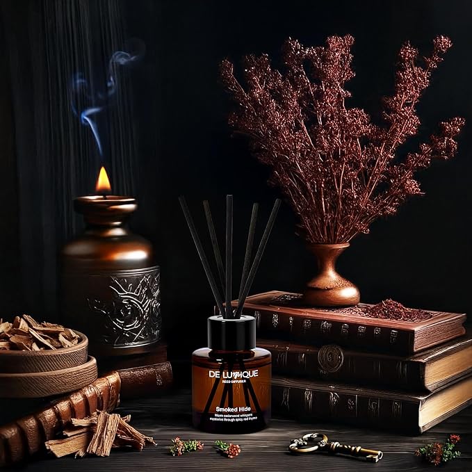 Smoked Hide Reed Diffuser – Luxury Home Fragrance Diffuser with Cedarwood, Red Thyme, alternate product view 3