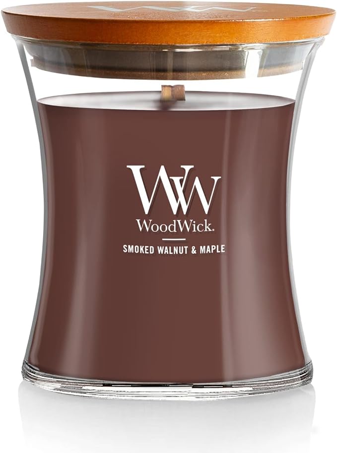 Smoked Walnut & Maple Holiday Candle Gifts for Women and Men, 9.7 oz Medium Hourglass Candle with Crackling Wick, product