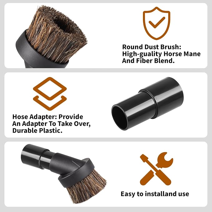 Soft Horse Hair Vacuum Brush Attachment For Shark Vacuum - Round Brush With Adapter - To Convert The 1 1/4" Tool To 1 1/2"