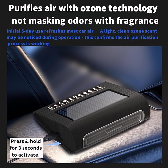 Solar Air Purifier for Car, 2-in-1 USB & Solar Charging, Ozone Ionizer Eliminates Smoke, Pet Odors, VOCs, Filter-Free