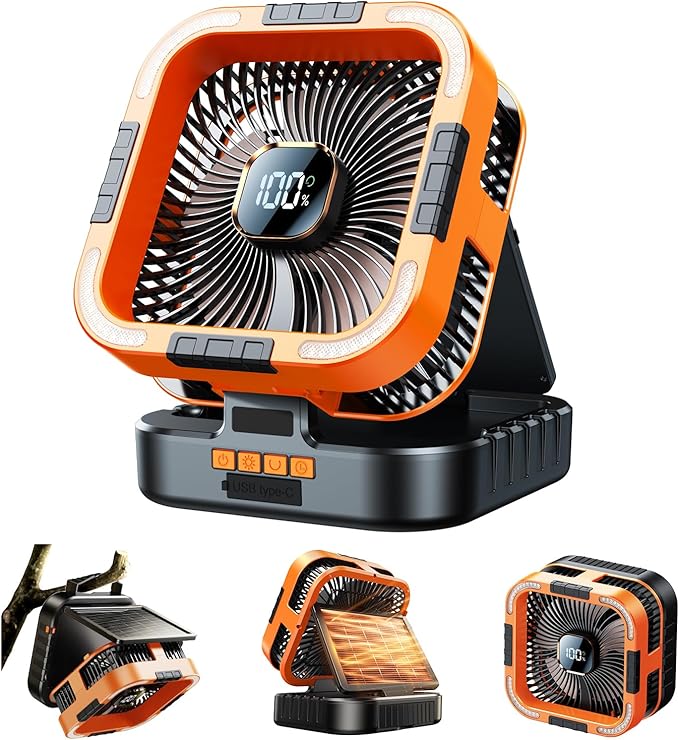 Solar Camping Fan with Light-10000mAh Rechargeable Portable, 6 Speeds, Digital Display, Timer, 120° Oscillation, Cordless