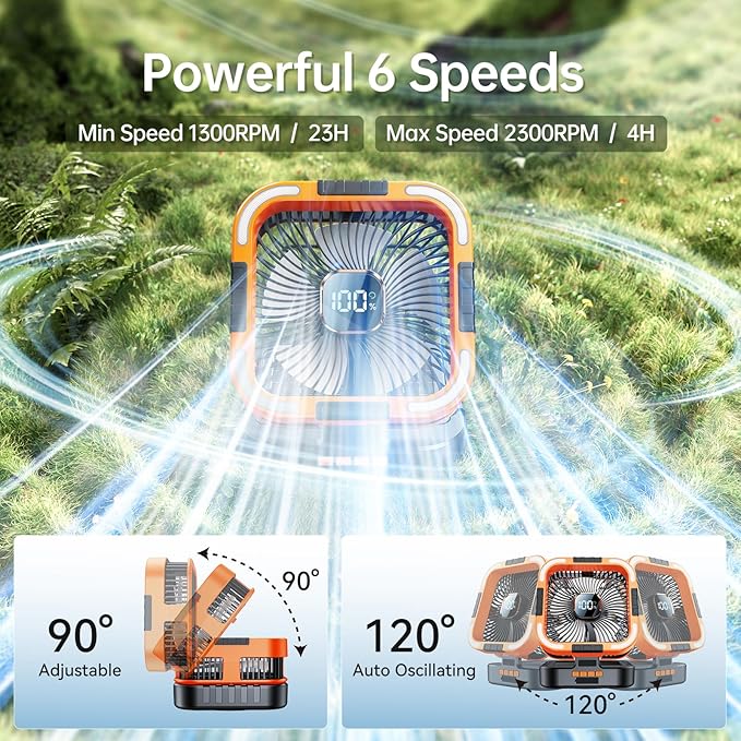 Solar Camping Fan with Light-10000mAh Rechargeable Portable, 6 Speeds, Digital Display, Timer, 120° Oscillation, Cordless