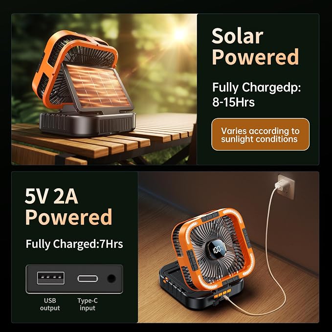 Solar Camping Fan with Light-10000mAh Rechargeable Portable, 6 Speeds, Digital Display, Timer, 120° Oscillation, Cordless