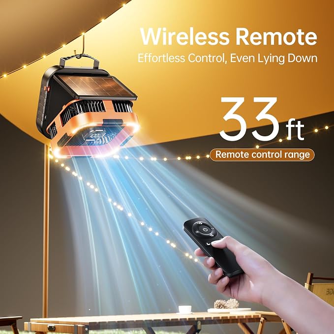Solar Camping Fan with Light-10000mAh Rechargeable Portable, 6 Speeds, Digital Display, Timer, 120° Oscillation, Cordless