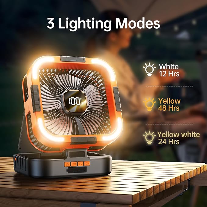 Solar Camping Fan with Light-10000mAh Rechargeable Portable, 6 Speeds, Digital Display, Timer, 120° Oscillation, Cordless