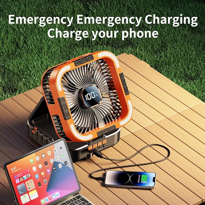Solar Camping Fan with Light-10000mAh Rechargeable Portable, 6 Speeds, Digital Display, Timer, 120° Oscillation, Cordless
