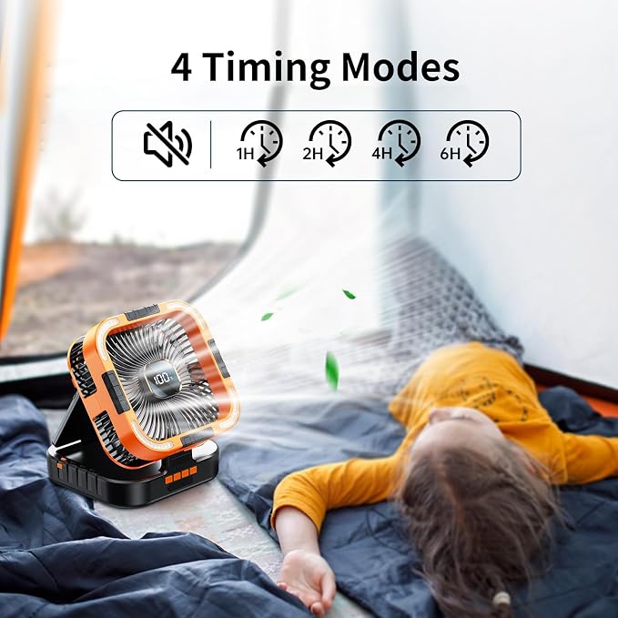 Solar Camping Fan with Light-10000mAh Rechargeable Portable, 6 Speeds, Digital Display, Timer, 120° Oscillation, Cordless