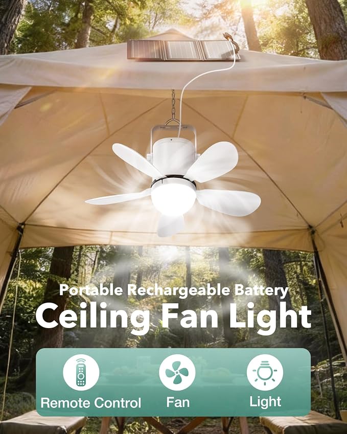Solar Ceiling Fan Light, Battery Operated Camping Fan with Remote Contorl & 20W Portable Foldable Solar Panel, Rechargeable
