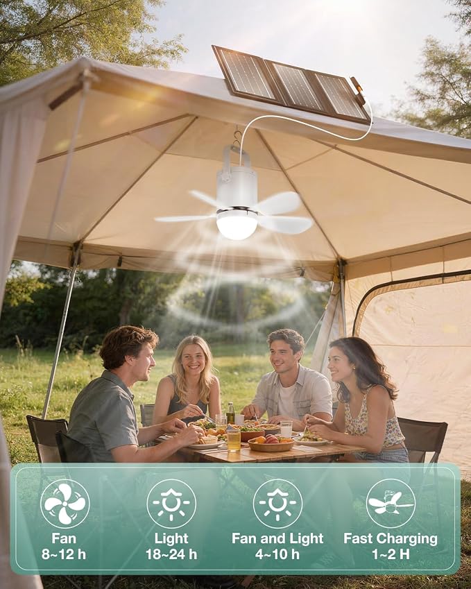 Solar Ceiling Fan Light, Battery Operated Camping Fan with Remote Contorl & 20W Portable Foldable Solar Panel, Rechargeable