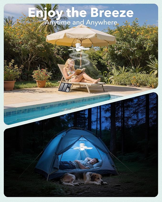 Solar Ceiling Fan Light, Battery Operated Camping Fan with Remote Contorl & 20W Portable Foldable Solar Panel, Rechargeable