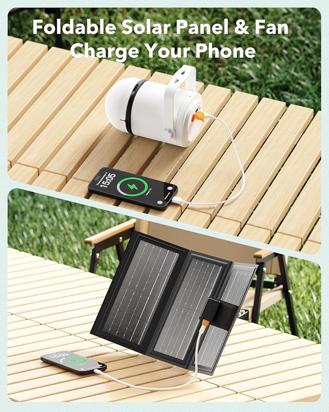 Solar Ceiling Fan Light, Battery Operated Camping Fan with Remote Contorl & 20W Portable Foldable Solar Panel, Rechargeable