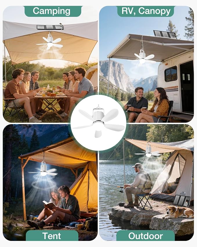Solar Ceiling Fan Light, Battery Operated Camping Fan with Remote Contorl & 20W Portable Foldable Solar Panel, Rechargeable
