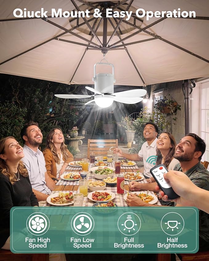 Solar Ceiling Fan Light, Battery Operated Camping Fan with Remote Contorl & 20W Portable Foldable Solar Panel, Rechargeable