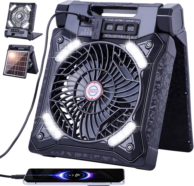 Solar Fan Battery Powered Rechargeable Solar Camping Fan with Led Lantern & Power Bank Foldable Angle USB Personal Fans for