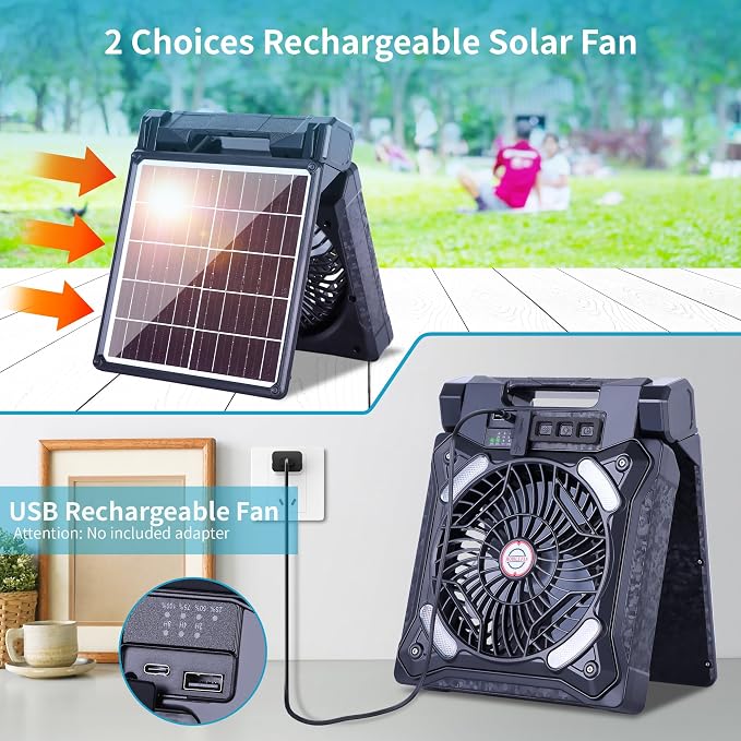 Solar Fan Battery Powered Rechargeable Solar Camping Fan with Led Lantern & Power Bank Foldable Angle USB Personal Fans for