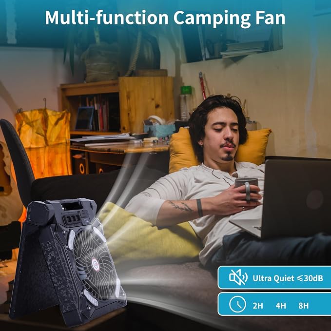 Solar Fan Battery Powered Rechargeable Solar Camping Fan with Led Lantern & Power Bank Foldable Angle USB Personal Fans for