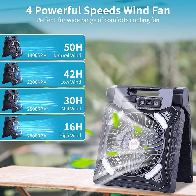 Solar Fan Battery Powered Rechargeable Solar Camping Fan with Led Lantern & Power Bank Foldable Angle USB Personal Fans for