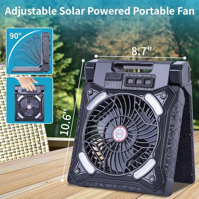 Solar Fan Battery Powered Rechargeable Solar Camping Fan with Led Lantern & Power Bank Foldable Angle USB Personal Fans for