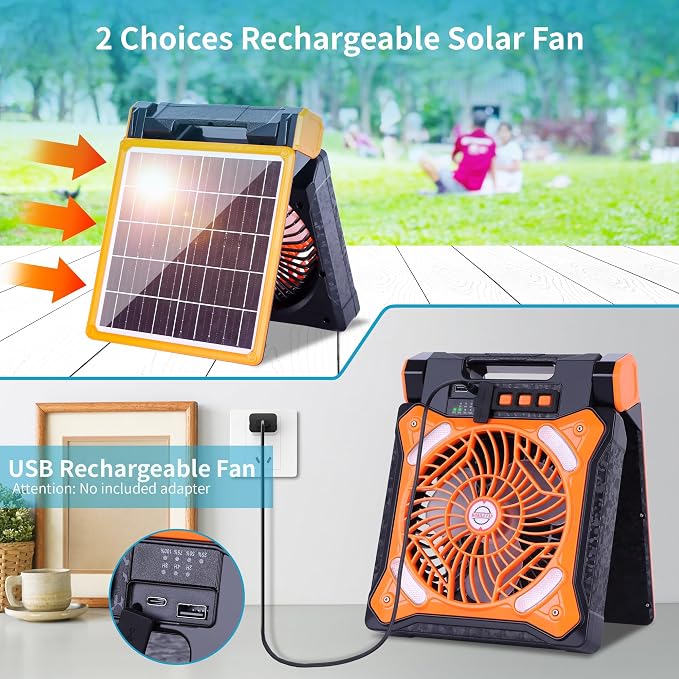 Solar Fan Battery Powered Rechargeable Solar Camping Fan with Led Lantern Power Bank Foldable Angle USB Personal Fans for