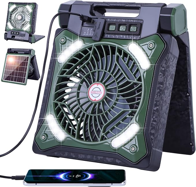 Solar Fan Battery Powered Rechargeable Solar Camping Fan with Led Lantern & Power Bank Foldable Angle USB Personal Fans for