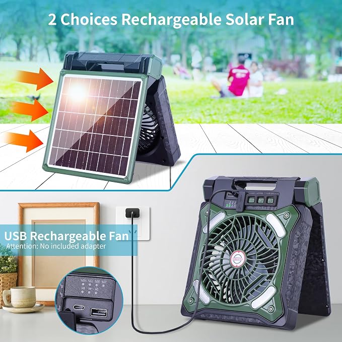 Solar Fan Battery Powered Rechargeable Solar Camping Fan with Led Lantern & Power Bank Foldable Angle USB Personal Fans for