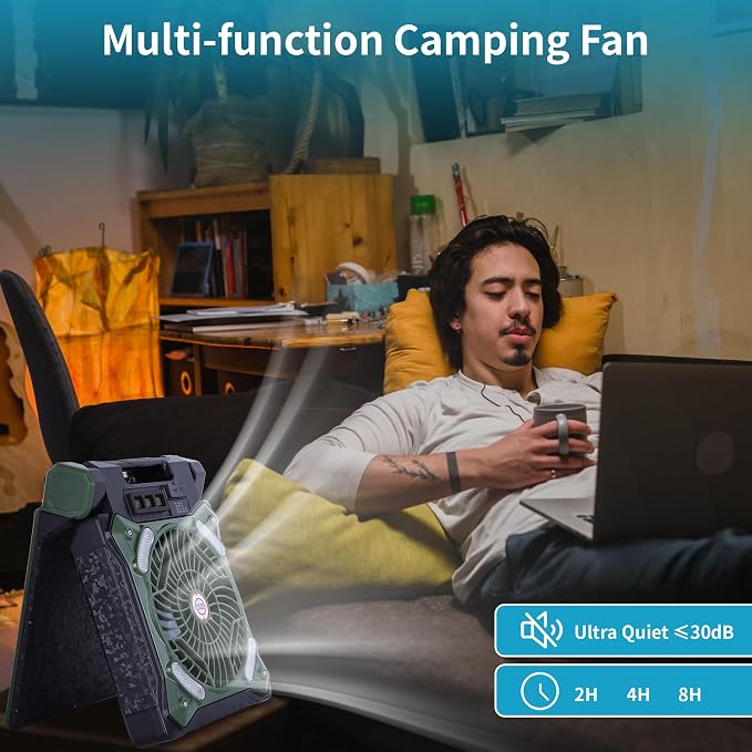 Solar Fan Battery Powered Rechargeable Solar Camping Fan with Led Lantern & Power Bank Foldable Angle USB Personal Fans for