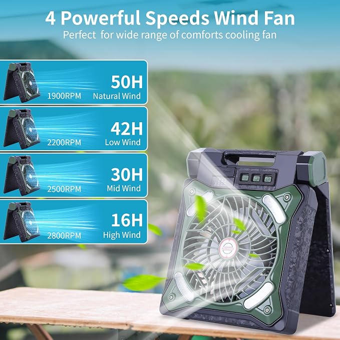 Solar Fan Battery Powered Rechargeable Solar Camping Fan with Led Lantern & Power Bank Foldable Angle USB Personal Fans for
