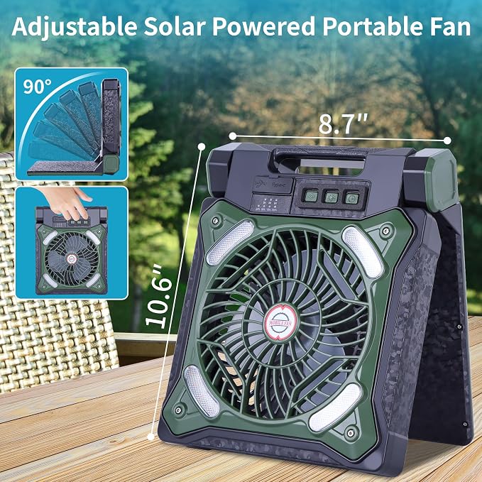 Solar Fan Battery Powered Rechargeable Solar Camping Fan with Led Lantern & Power Bank Foldable Angle USB Personal Fans for